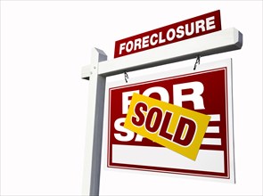 Red sold foreclosure real estate sign isolated on white