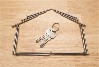 House of nails with key on a wood background
