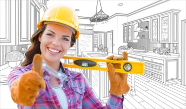Female construction worker with thumbs up holding level in front of custom kitchen drawing
