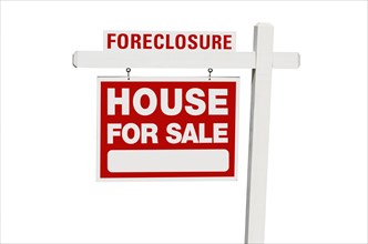 Foreclosure home for sale real estate sign isolated on a white background