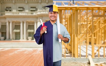 Split screen male hispanic graduate in cap and gown to engineer in hard hat concept