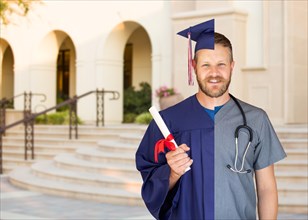 Split screen of caucasian male as graduate and nurse on campus or at hospital