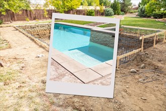 Swimming pool construction site with picture photo frame containing finished project