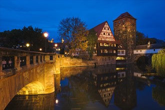 Nuremberg city houses on riverside of Pegnitz river from Maxbrucke