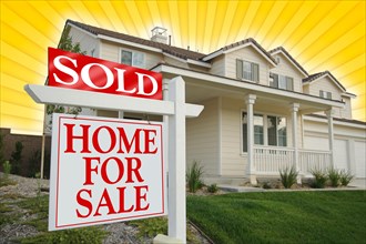 Sold home for sale sign with yellow star-burst background