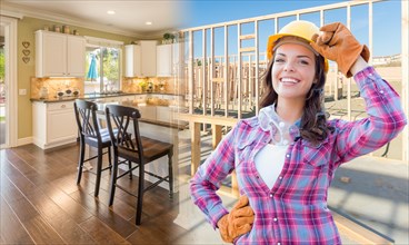 Female construction worker in front of house framing gradating to finished kitchen photo