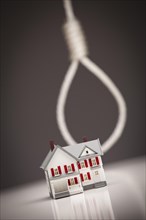 Small house with hangman's noose behind on grey background