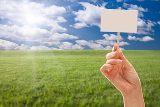 Blank sign in female fist over grass field and sky with clouds