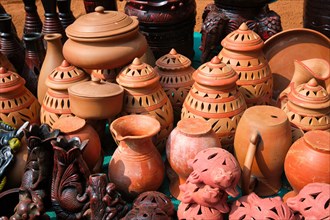 Street market exhibition of handmade clay pots