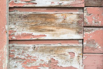 Weathered wood panel wall with peeling paint textured background