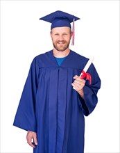 Happy male graduate in cap and gown with diploma isolated on white