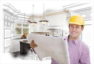 Smiling contractor holding blueprints over custom kitchen drawing and photo combination