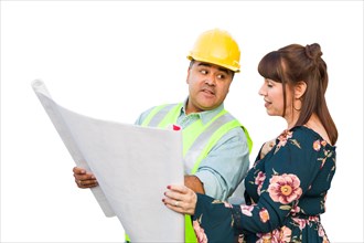 Hispanic male contractor talking with female client over blueprint plans isolated on a white background