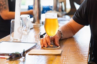 Man holding glass of micro brew beer at bar