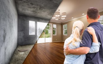 Young adult couple looking at before and after remodelling of empty room in house
