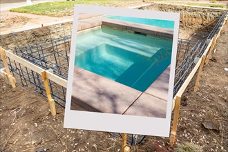 Swimming pool construction site with picture photo frame containing finished project