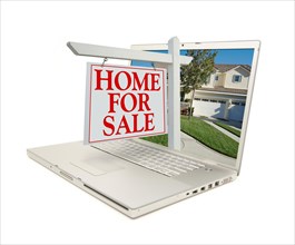 Home for sale sign & new home on laptop isolated on a white background