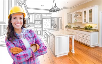 Female construction worker in front of custom kitchen drawing gradating to finished kitchen photo