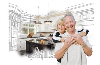 Happy hugging senior couple over kitchen design drawing and photo combination on white