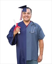 Split screen of hispanic male as graduate and nurse isolated on white