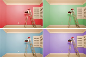 Set of empty rooms painted in variety of colors with ladder