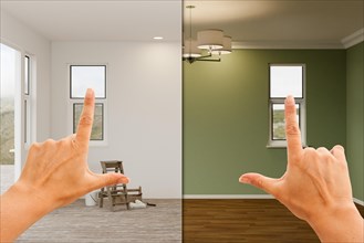 Female hands framing before and after olive green painted walls in empty room of house