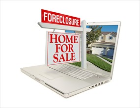 Foreclosure home for sale sign & new home on laptop isolated on a white background