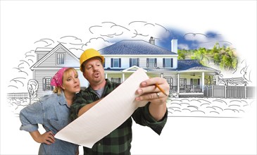 Woman talking with contractor over house drawing and photo combination on white