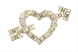 Heart pierced with arrow made of hundred dollar banknotes isolated on white background