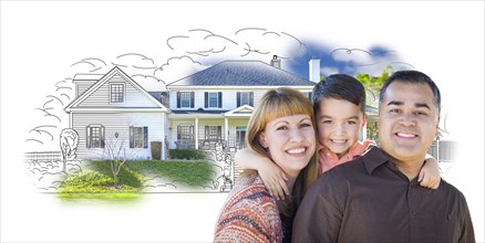 Young happy mixed-race family and ghosted house drawing on white