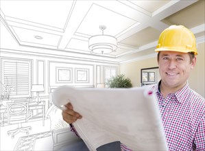 Smiling contractor in hard hat with roll of plans over custom bedroom drawing and photo combination