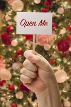 Hand holding open me card in front of decorated christmas tree