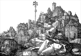 German cityscape at the beginning of the 16th century after an engraving by Albrecht Duerer