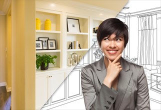 Young woman over custom built-in shelves and cabinets design drawing to cross section of finished photo