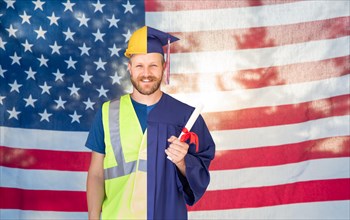 Split screen male graduate in cap and gown to engineer in hard hat in front of american flag