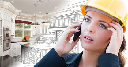 Concerned female contractor using smart phone over kitchen drawing gradating to photo
