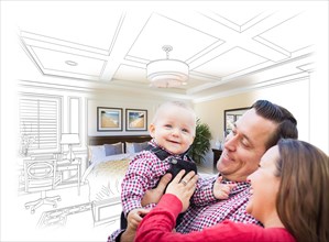Happy young family with baby over custom bedroom drawing and photo combination