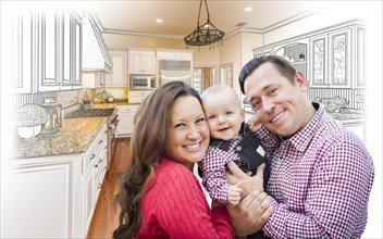 Happy young family over custom kitchen design drawing and photo combination