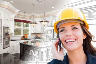 Female contractor using cell phone over kitchen drawing gradating to photo