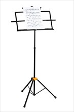 Music stand with piano notes isolated on white background