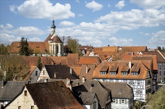 Historic old town of Bad Wimpfen with half-timbered houses and view of the town church