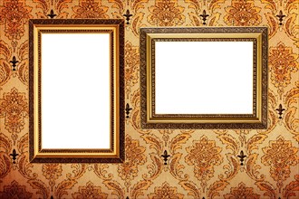 Vintage gold plated picture frames on retro wallpaper background