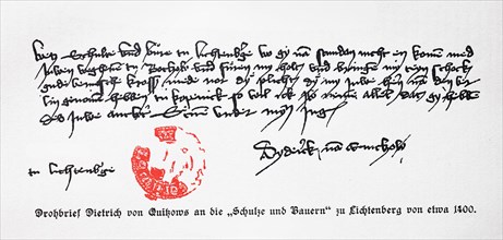 Threatening letter from Dietrich von Quitzkow to the Schulze and peasants of Lichtenberg