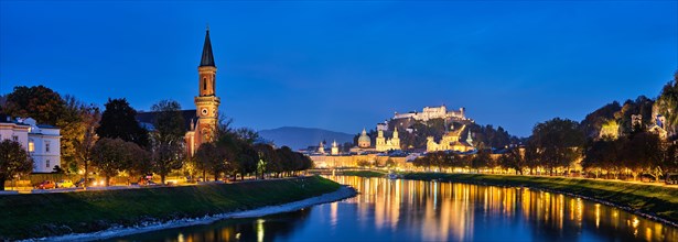 Salzburg city evening panorama. Cathedral