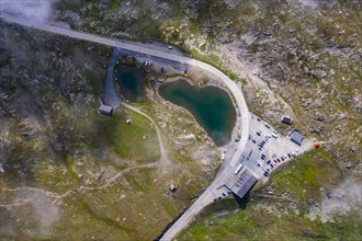 Bird's eye view of the Nufenen Pass between the canton of Ticino and Valais in the Swiss mountains