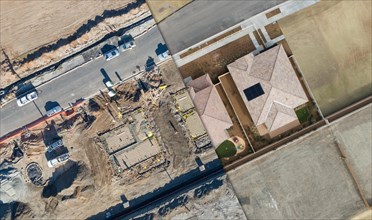 Drone aerial view cross section of home construction site