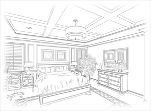 Detailed line drawing of A beautiful bedroom