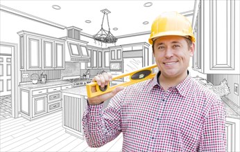 Smiling contractor in hard hat with level over custom kitchen drawing