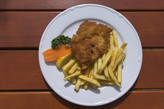 Schnitzel Viennese style served with french fries in a garden restaurant