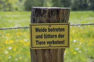 Sign 'Do not enter the pasture or feed the animals!' at a meadow in the Reitlingstal